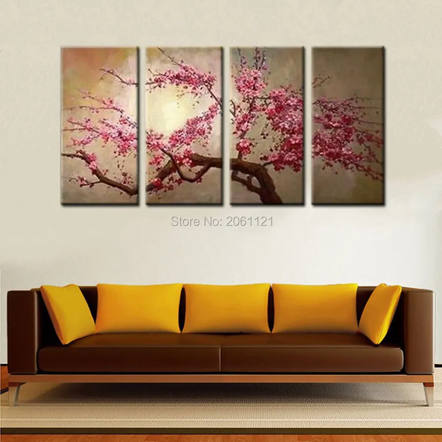 hand painted pink tree flower oil painting on canvas sakura blooming Cherry blossom chinese japan wall pictures for living room