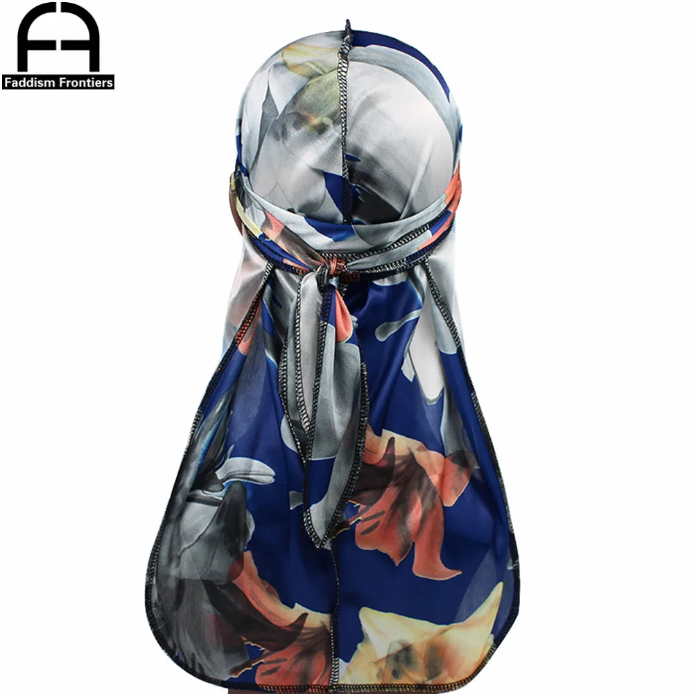 Unisex Men Floral Silk Durag Stretchy Bandanas for Men Turban Hat Headwear Long Straps Headband Waves Silky Durags