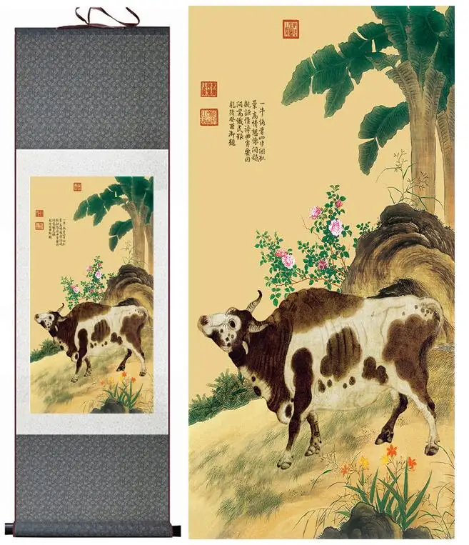 

Bull silk art painting cow Chinese Art Painting Home Office Decoration Chinese cattle painting Chinese ink painting