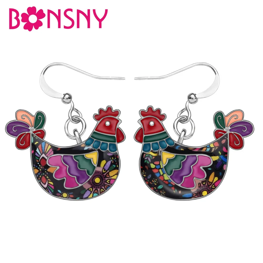 Bonsny Statement Alloy Enamel Hen Chicken Earrings Dangle Stud Fashion Animal Jewelry For Women Girls Gift Charms Decoration