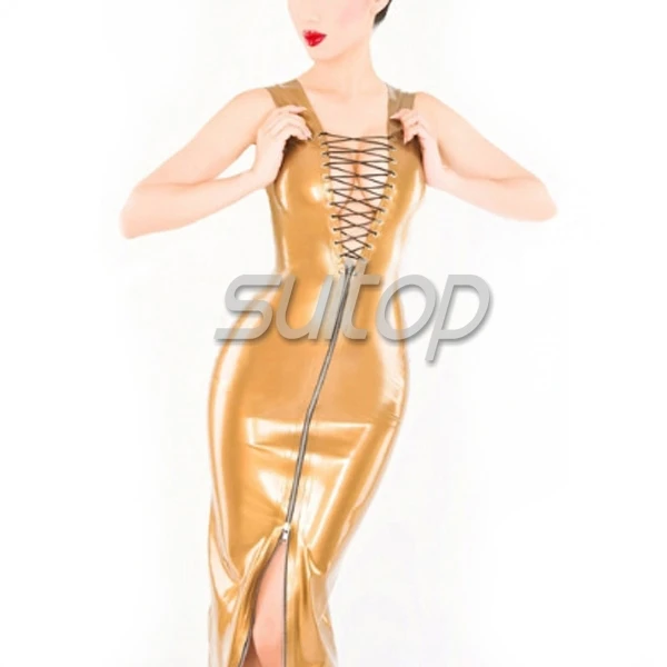 Suitop Gold latex rubber party  dress lace up with zip