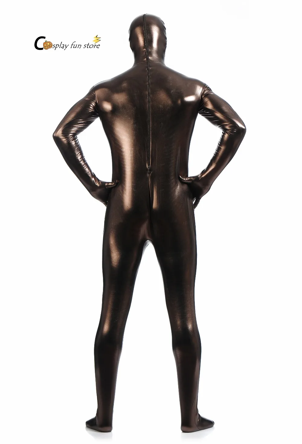 Gratis Verzending Bodysuit Metallic Glanzend Bruin Mens Unitard Catsuits Metallic Voet Rits Zentai Bodysuit Kan Worden Aangepast