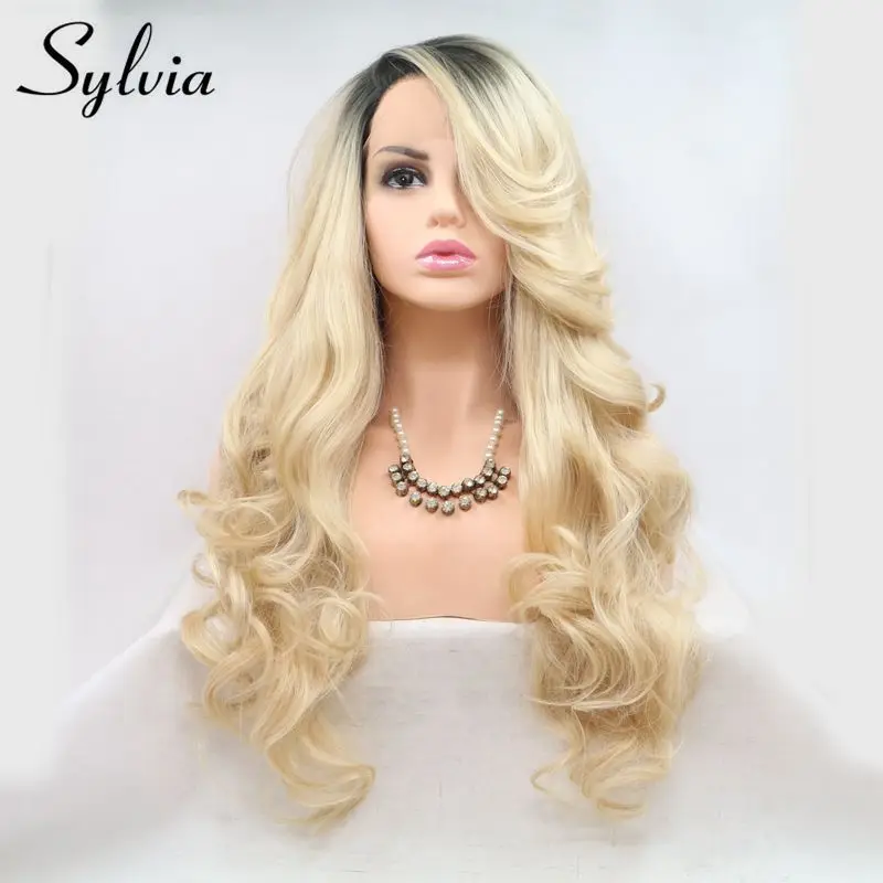 

Sylvia Long Wavy Lace Front Wigs With Dark Root Ombre Blonde Hair Synthetic Wig For Women Side Part Heat Resistant Gluless Wigs