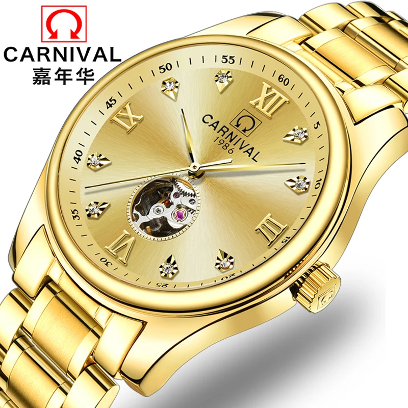 

Luxury Diamond Scales Switzerland CARNIVAL Automatic Mechanical Men's Watches Dual Skeleton Flywheel Waterproof Clock C8790G