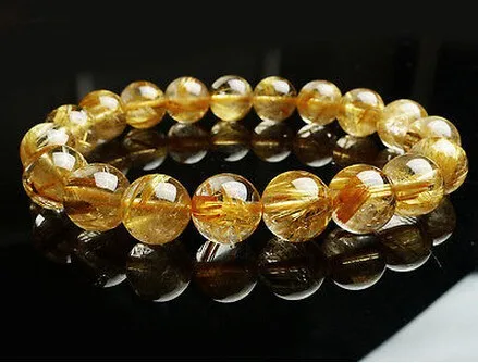 Natural Gold Rutilated Quartz Crystal Bracelet Round Beads 11 mm