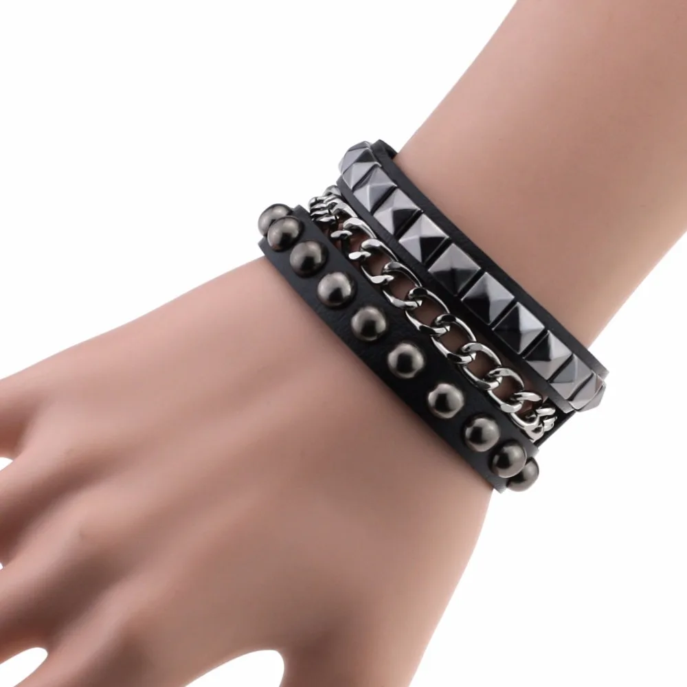 Multilayers Rock Spikes Rivet Chains Gothic Punk Wide Cuff Leather Bracelet Bangle 2019 Fashion Men Bracelets Jewelry pulseiras