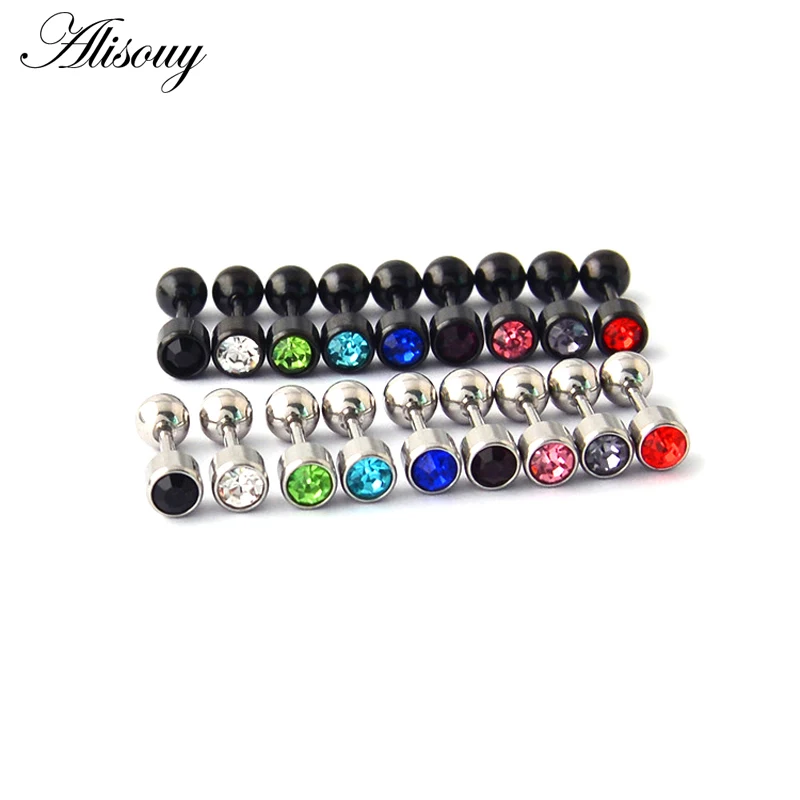 Alisouy 2pc 316l Surgical Steel Crystal  Assorted Colors Ear Stud Piercing Simple Style Screw-Back Earring Sexy Girls Jewelry