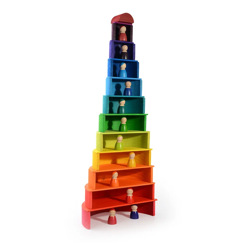 Montessori e Waldorf inspirado arco-íris brinquedos de madeira, blocos coloridos do arco-íris, empilhador, criança Playset, infantil, 12pcs