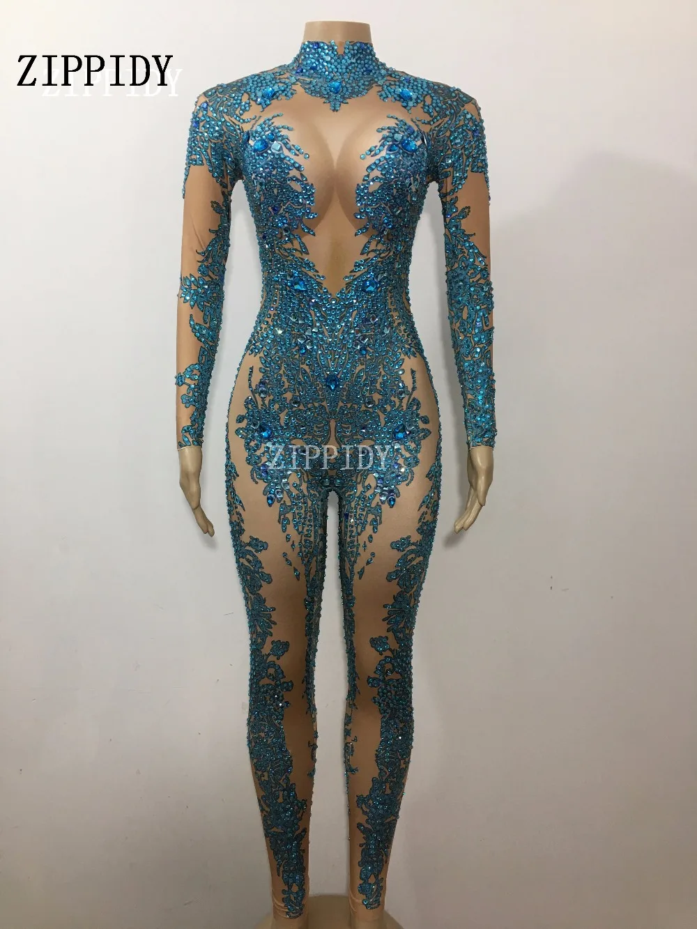 AB Rhinestones Sparkly Jumpsuit Fashion Sexy Nude Big Stretch Dance Costume One-piece Bodysuit Birthday Outfit Party Leggings