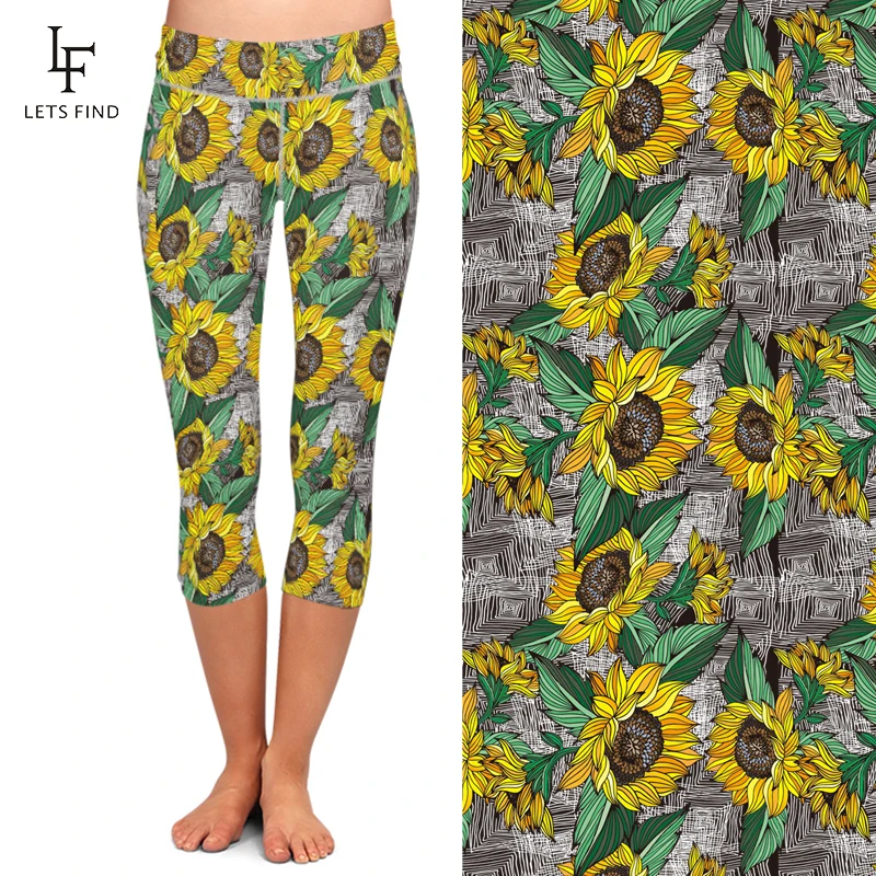 LETSFIND ฤดูร้อนแฟชั่น Sunflower Design การพิมพ์ดิจิตอล Capri Leggings ผู้หญิงเอวสูงกางเกงขายาวฟิตเนสกลางลูกวัว Leggings