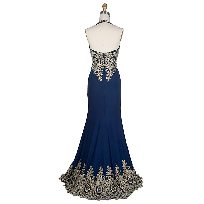 Robe de soirée de forme sirène, col licou, dorée, tenue de soirée élégante et Sexy, bleu marine, nouveauté 2019