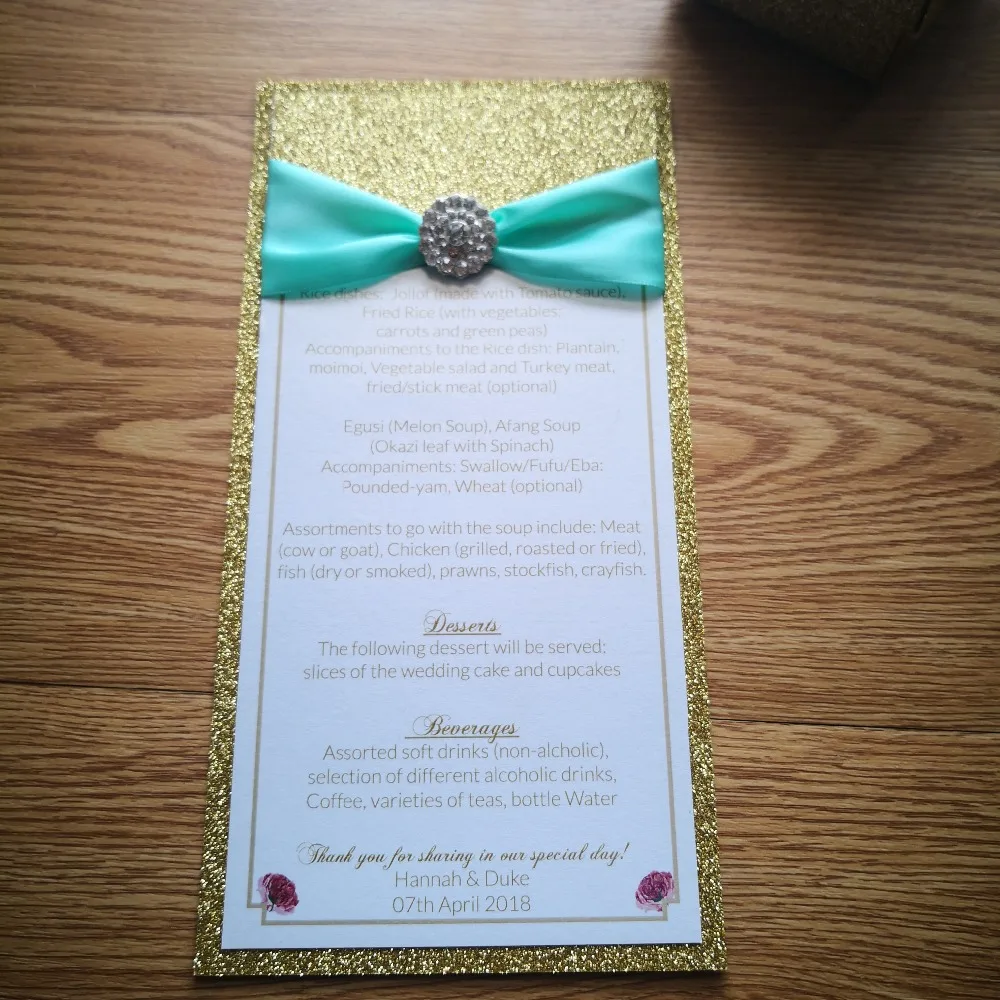 30pcs/lot Personalized menu two layers menu handmade gold glitter  With ribbon and brooch luxury menu whole set available