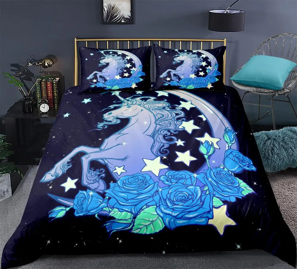 

3D Bedclothes Unicorn Print Duvet Cover Set Star and Moon Dreamy Patterns Bedding set kids girls Bed Set Home Textiles 3pcs