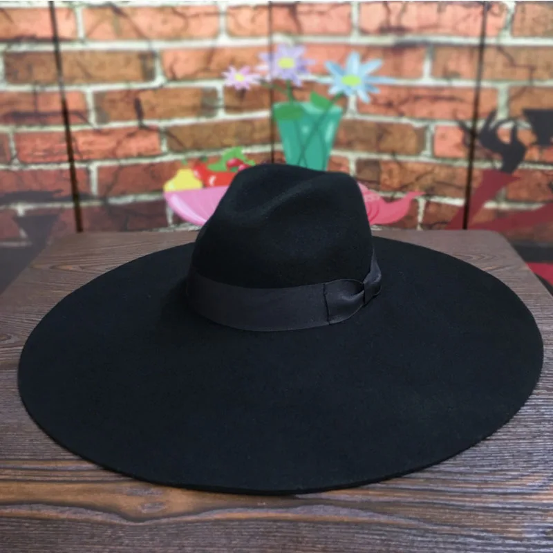 Kobiety 16cm duże szerokie rondo kapelusz z filcu wełnianego Chic Floppy ciepły zimowy filcowy kapelusz wstążka kokardka sukienka do kościoła ślub Fedora jazzowy kapelusz