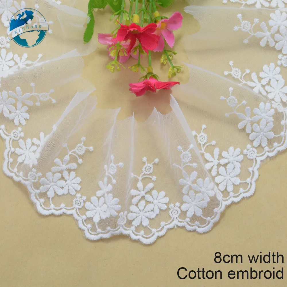 8cm Width White Cotton Embroidery Lace Sewing Ribbon Guipure African Lace Fabric Trim Evening Dress DIY Garment Accessories#3017