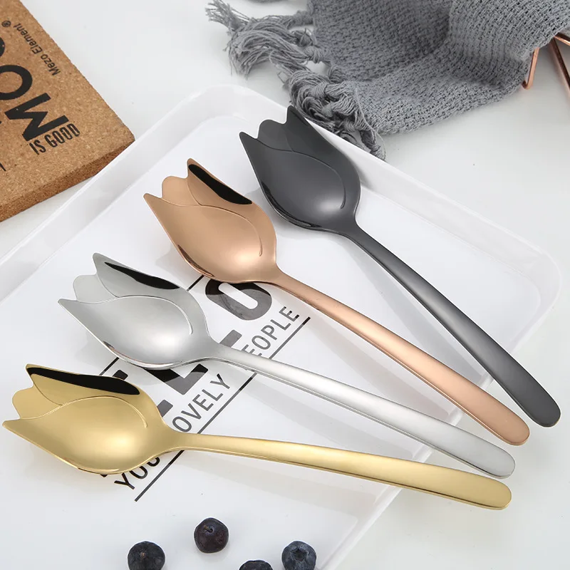 

Cucharas Skull Spoon Dessert Scoop Serving Spoons Stainless Steel Rose Flower Shape Scoop Long Handle Ladle Cucharon Cocina 4pcs