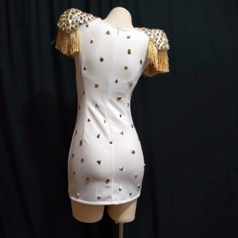 Vestido feminino com strass e borla, vestido branco, sexy, com borla, esticável, dourado, comemoração, aniversário, boate, palco, baile, festa, cantoras