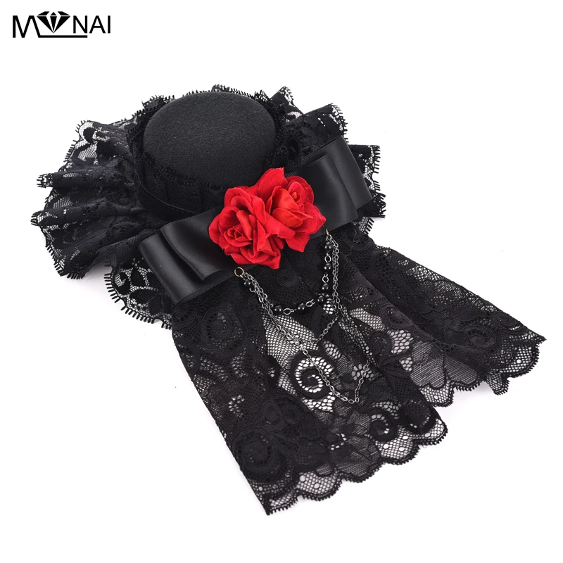 Vintage Gothic Steampunk Lolita Mini Top Hat Retro Black Flowers Headdress for Women Black Hats Accessories