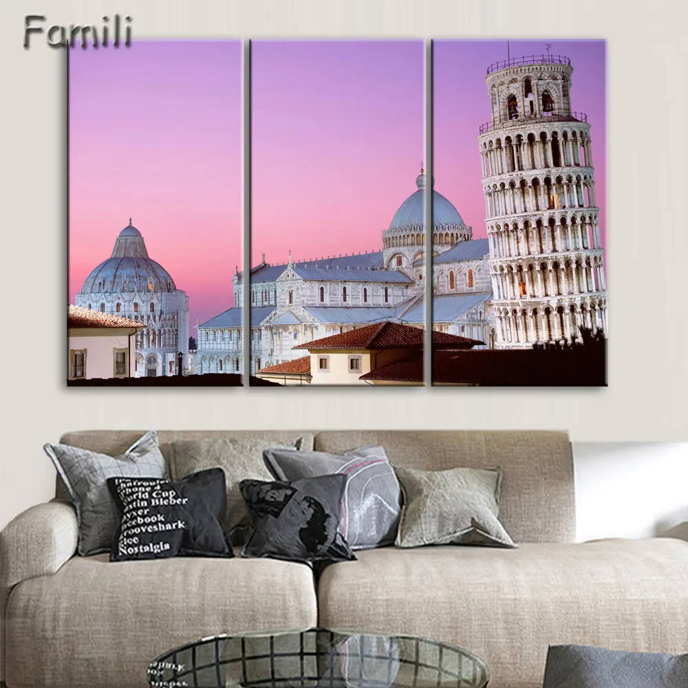 3Panels Wall Art Painting Modern Building The Leaning Tower of Pisa Canvas Painting Wall Art Pictures for Living Room Unframed