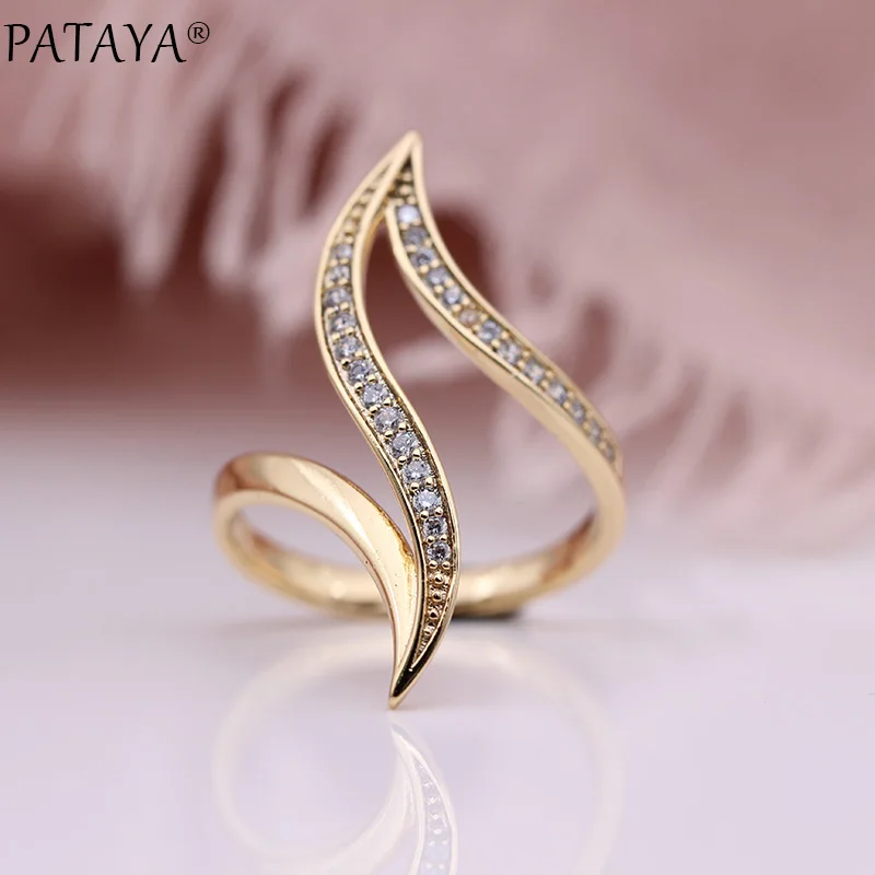 PATAYA New Fine Hyperbole Curve Women Rings Round Micro Wax Inlay Natural Zircon 585 Rose Gold Color Fashion Jewelry Unique Ring