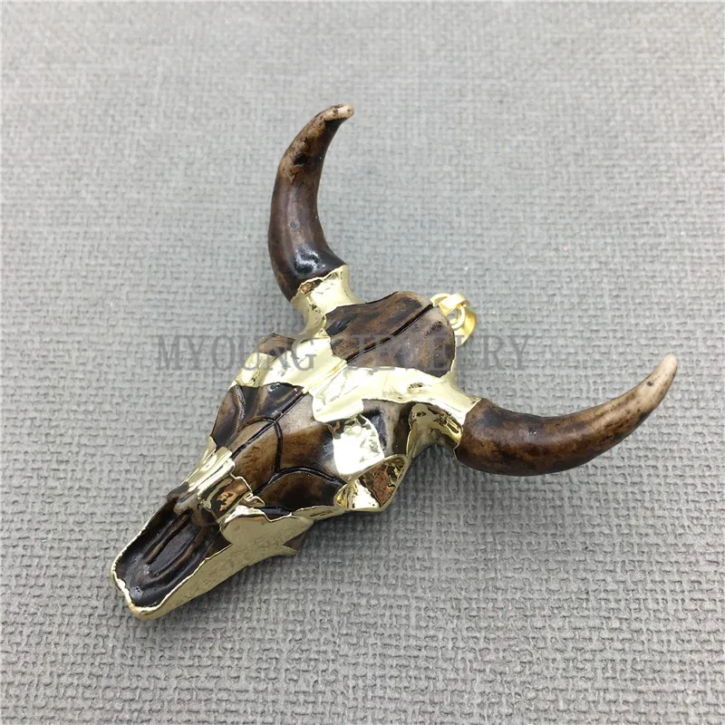 Bull Skull Pendant, Buffalo Cattle Skull Pendant with Gold Electroplated Trim- Longhorn Cattle Skull Charm In 45*23 mm MY0128