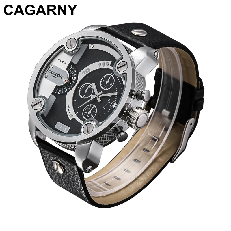 Cagarny Watches Men Luxury Brand Leather Strap Quartz Dual Time Zone Analog Date Men Sports Russian Military Oversize Wristwatch