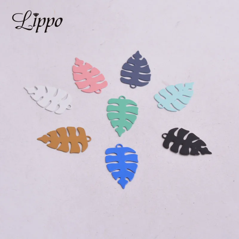 100pcs AC9329 Thin Colorfull Charms Silver Color Leaf Pendants Painted Metal Brass Jewelry Findings