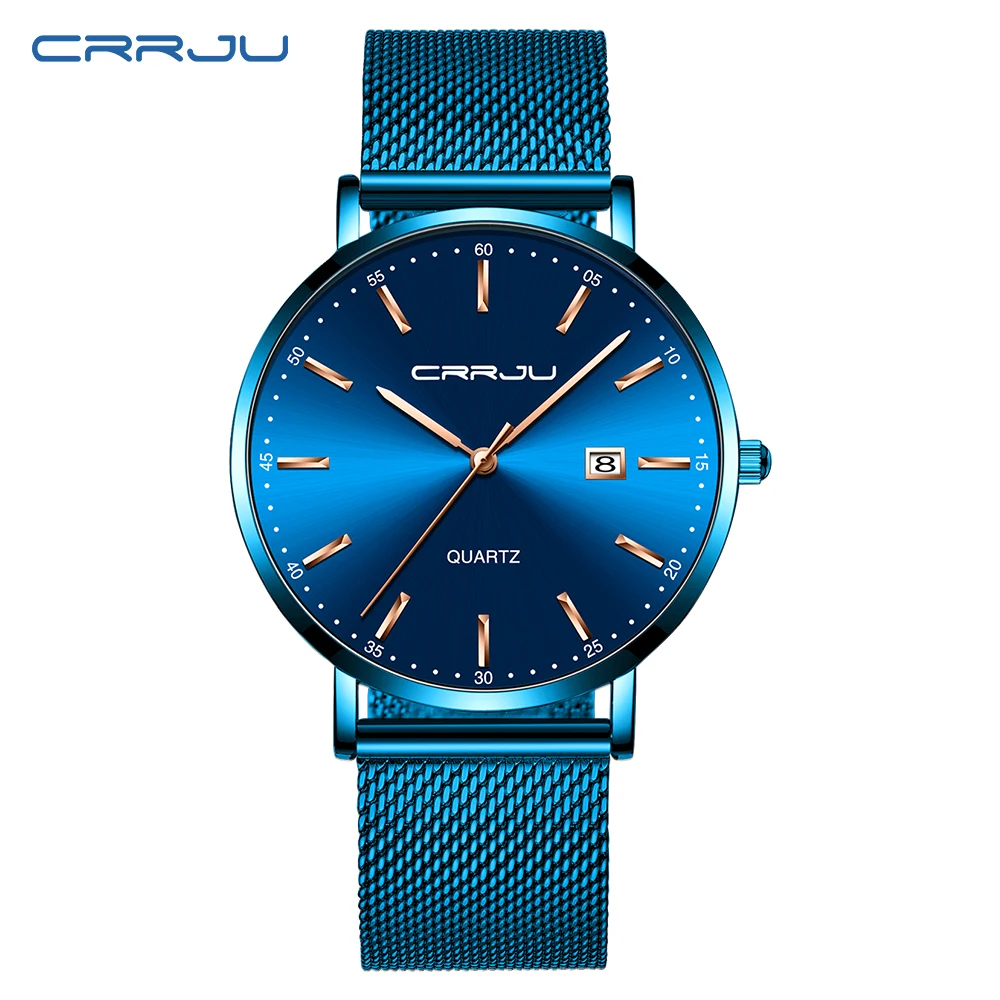 reloj hombre CRRJU Top Brand Luxury Blue Waterproof Watches Slim Stylish Date Casual Quartz Watch Men Sports Mesh Strap Clock