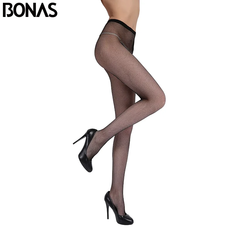 BONAS 6pcs/lot Small Mesh Nylon Pantyhose Women's Solid Color Tights Female Elasticity Hollow Black Fishnet Cheap Stockings