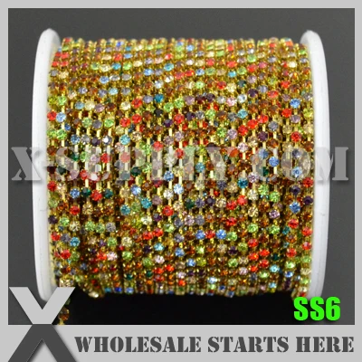 SS6 Regular Crystal Rhinestone Chain, Multi Colors Rhinestone in Random, Gold Base, X1126