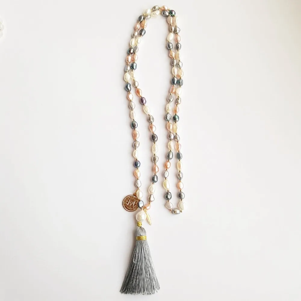 Lii Ji Real Multi Color Freshwater Pearl Beads Necklace Fashion Gold Color Coin Charm with Tassel Bohemia Long Handmade Jewelry