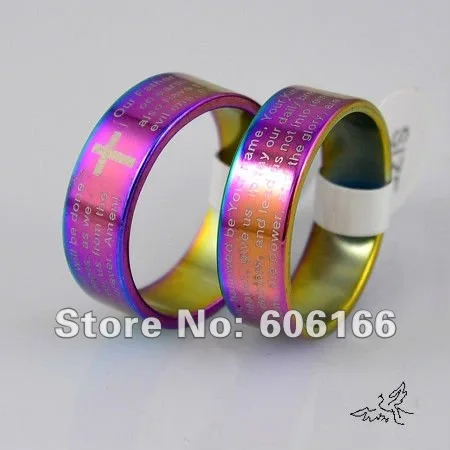 

ENGLISH Bible Lord's Prayer Cross Ring Multicolor Plated Stainless Steel Rings Fashion Religious Jewelry