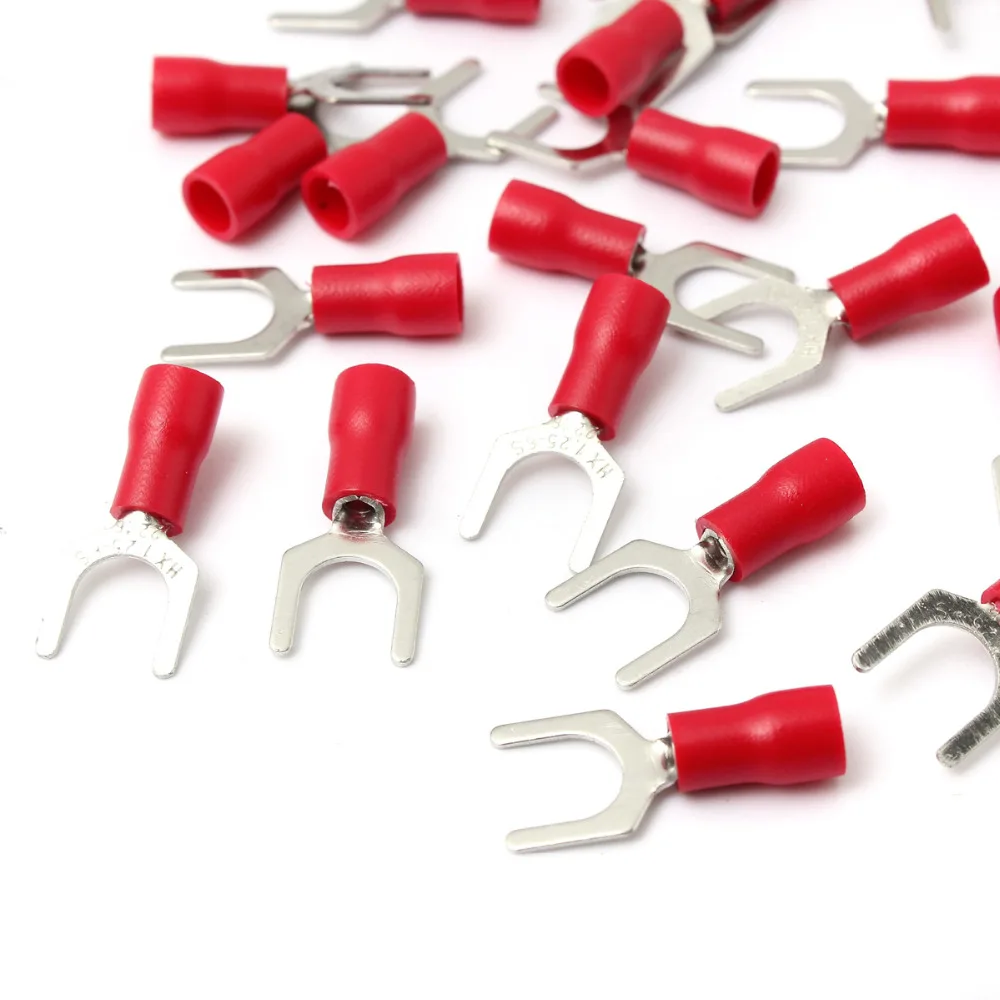 25pcs Red Insulated Fork Wire Connector Electrical Crimp Terminal 0.5-1.5mm 22-16AWG 6.4m 5.3mm 4.3mm 3.2mm