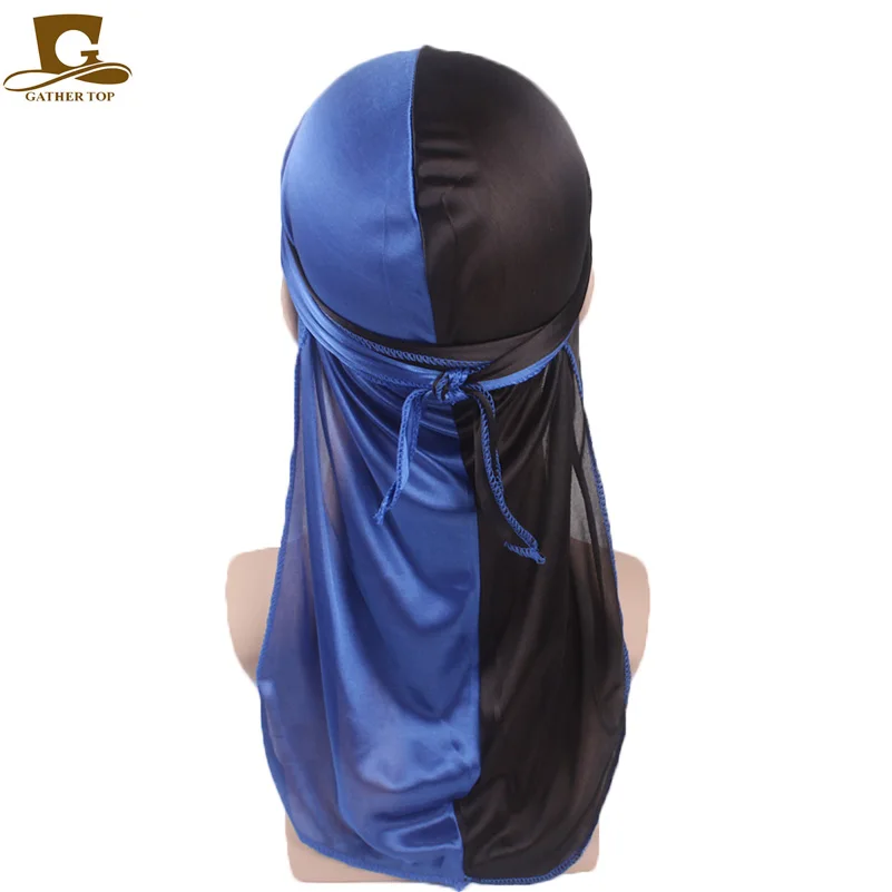 Nowe mody podwójne kolory miękka satyna Durag męska jedwabiście patchworkowa Durags bandany Turban nakrycia głowy z pałąkiem na głowę kapelusz akcesoria do włosów