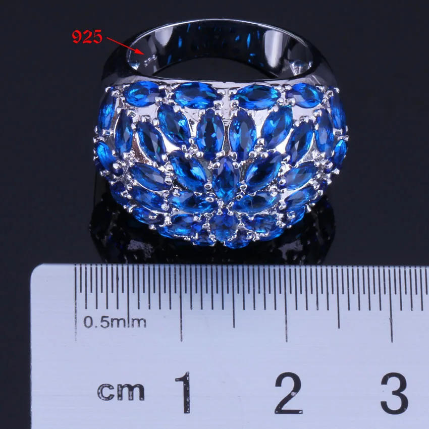 Fetching Huge Blue Cubic Zirconia Silver Plated Ring V0508