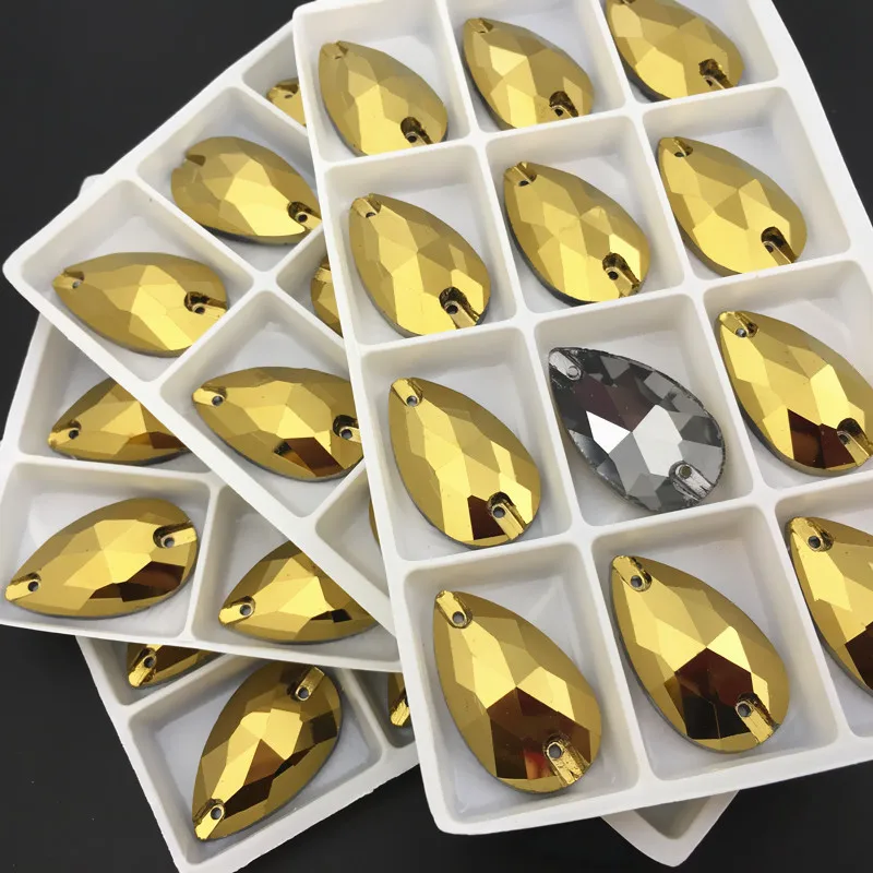 Gold Hematite Color Teardrop Sew On Rhinestones Droplet Sewing Glass Crystals 7x12mm,11x18mm,13x22mm,16x25mm,17x28mm,22x38mm