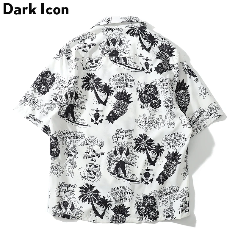 Dark Icon Skeleton Full Printed Retro Shirt Men 2024 Summer Street Men\'s Shirts Short Sleeved Shirts for Men Green White