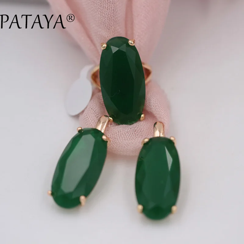 PATAYA New Bride 585 Rose Red Fine Jewelry Sets Green Oval Artificial Zircon Dangle Earrings Ring Sets Women Vintage Jewelry Set