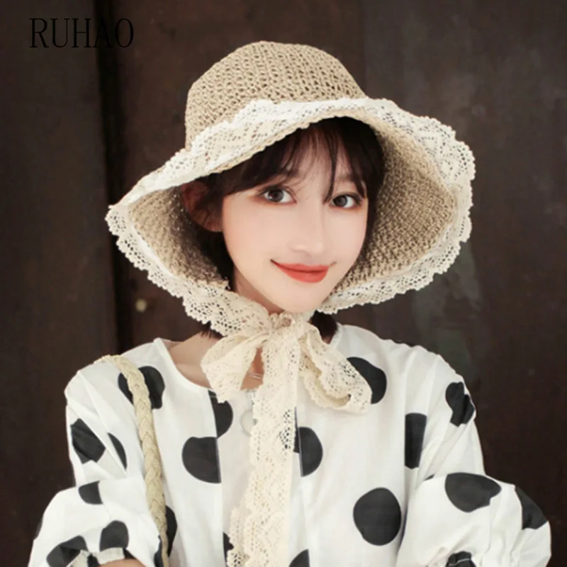 RUHAO women's summer caps wide brim summer hats for beach Girls Lace hat Cap summer korean women panama hat bone chapeu