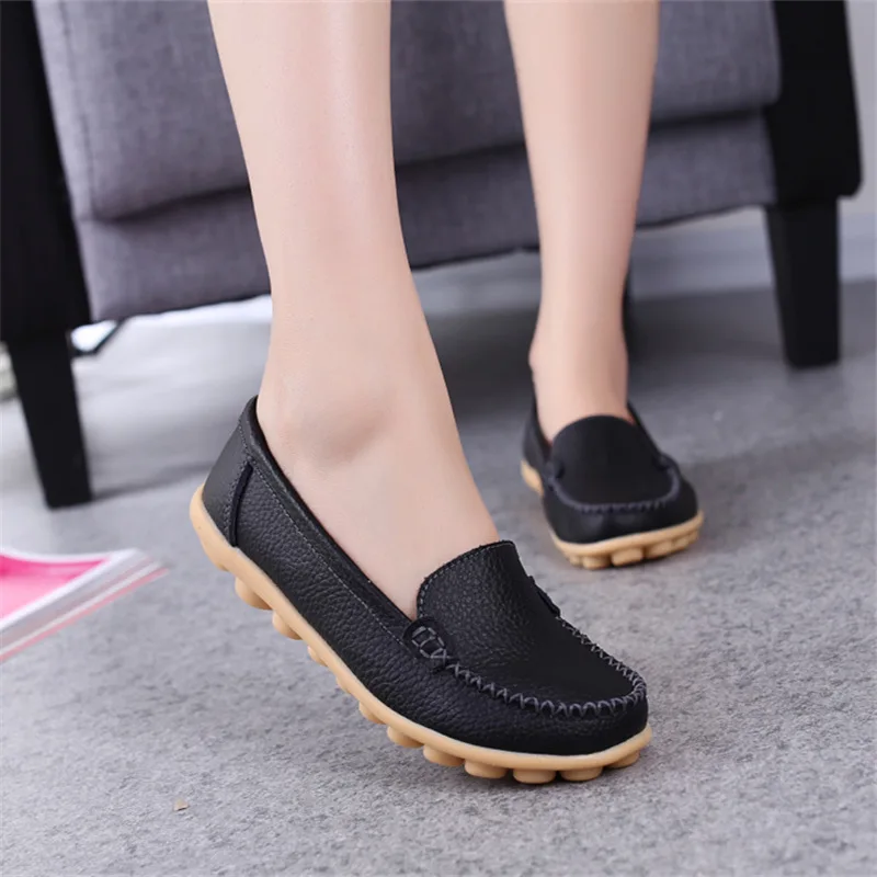 WOIZGIC Female Ladies Women Mother Genuine Leather Shoes Flats Loafers Slip On Moccasin Sapatos Femininos Size 41 42 XLZ-918