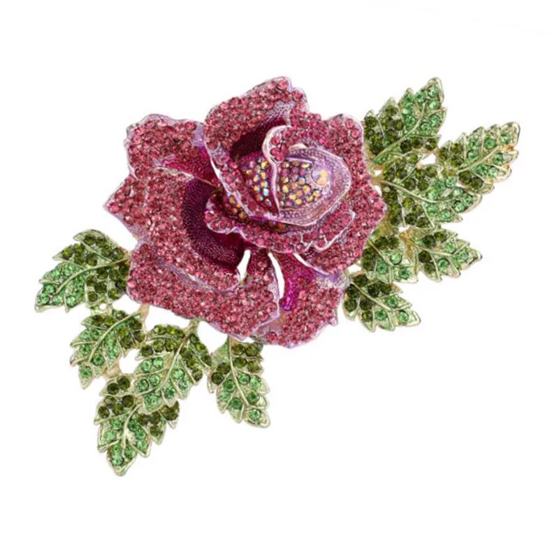 Crystal Rose Flower Brooch Pin Rhinestone Alloy Rose plant Brooches wedding Gift Garment Accessories