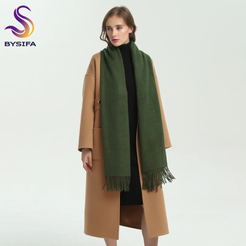 [BYSIFA] New Winter Ladies Army Green Pashmina Scarves Shawls Fashion Trendy Tassel Women Luxury Cashmere Pashmina Scarves Wraps