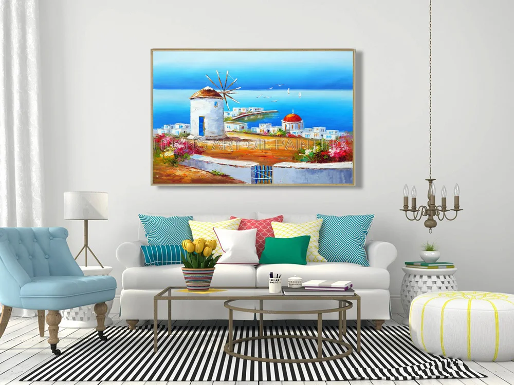 Artist Hand-painted High Quality Greek Aegean Sea Landscape Oil Painting White Building Landscape Oil Painting for Room Decor