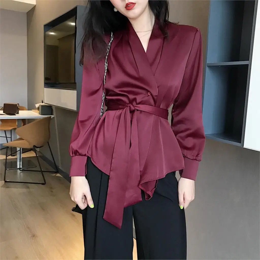 Women Faux Silk OL Shirt Belt Waist Tie Bowtie V Neck Satin Blouses Elegant Cardigan Long-sleeved Stitching Tops Wine Red Sale