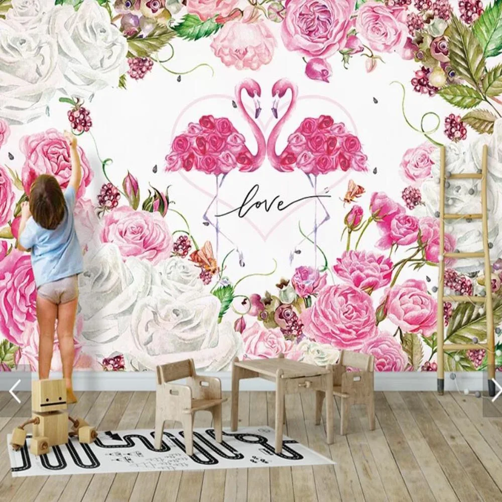 Custom Flamingo Flower Wallpaper Mural 3D Printed Photo Wall Murals for Wedding Room TV Backdrop Home Decor Floral 