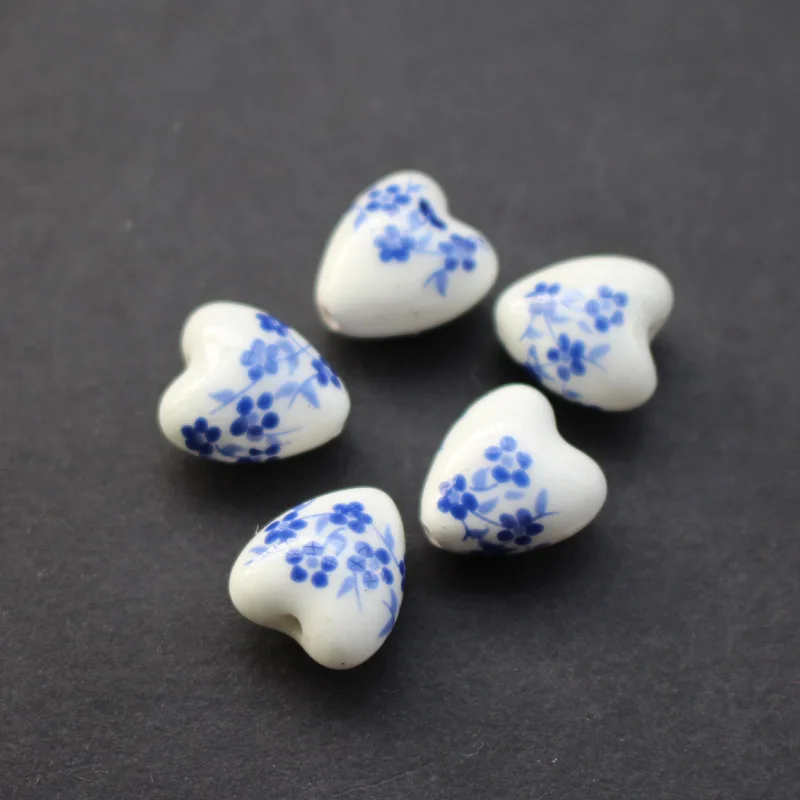 

20Pieces 11.6mm*12mm*8.6mm Heart Shape Ceramic Beads Flower beads Blue Blossom A for jewelry making 3704