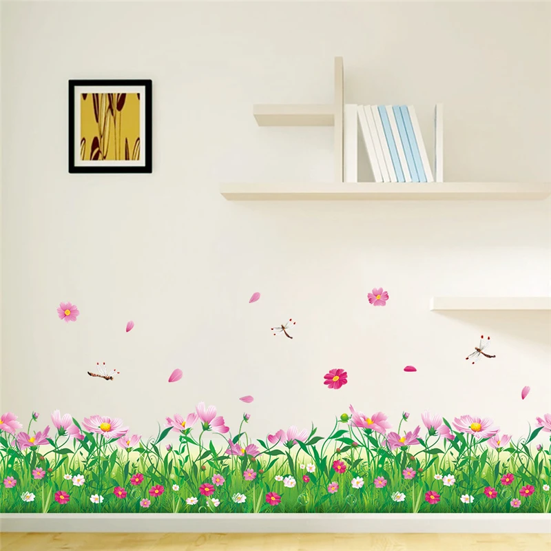 Pastoral Flowers Grass Fence With Butterfly Wall Stickers Pvc Decals Mural Art For Office Shop Bedroom Baseboard Home Decoration