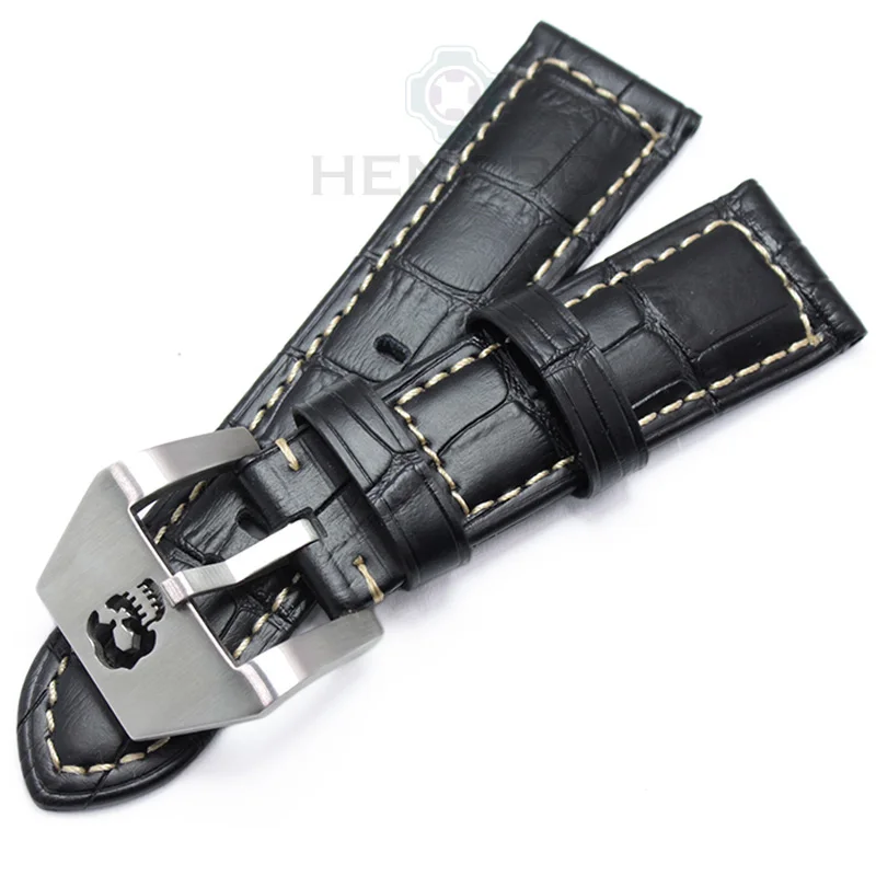 22 24mm Watch Band Strap Men Black Brown Genuine Leather Watchbands Stainless Steel Hollow Pin Buckle Watches Accessories