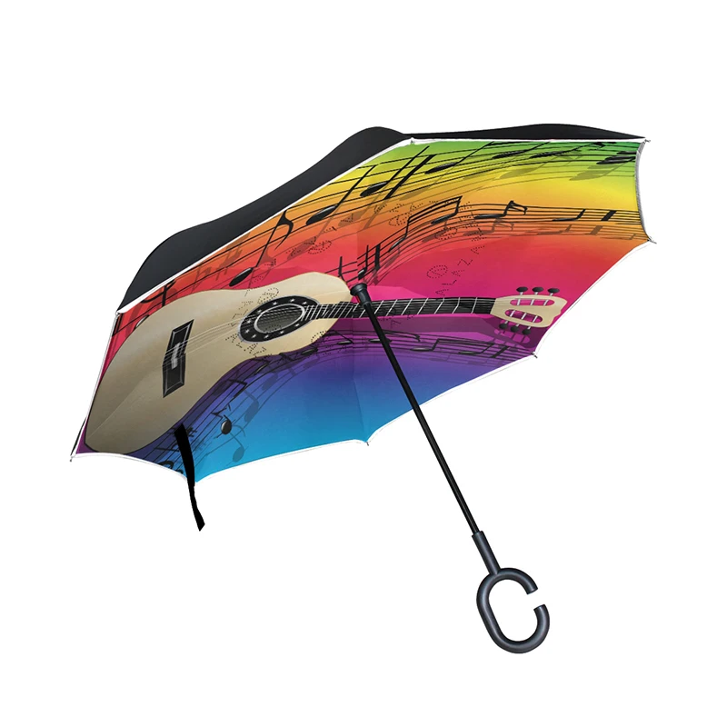 Music Guitar Windproof Reverse Folding Double Layer inverted Car Umbrella Self Stand Upside Down Women's Rain Umbrella C Handle