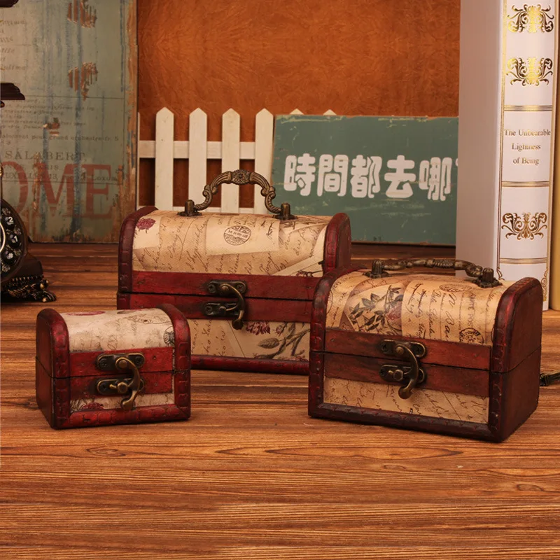 zakka Vintage Stamp patterns Storage decorative suitcase wooden box casket lock Desktop storage box finishing Muhe jewelry box